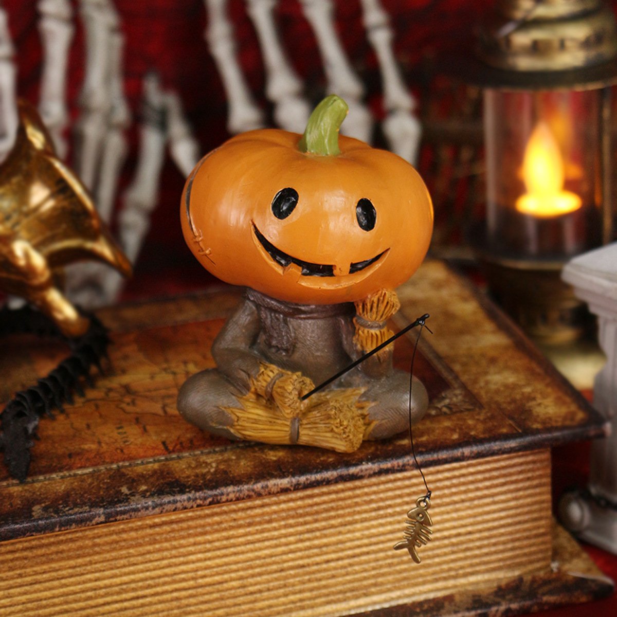 Pumpkin Fisherman Figurine  A Quirky Touch of Halloween Fun