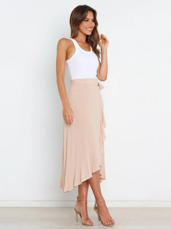 Waist Tie Solid Color Irregular Midi Flare Skirt