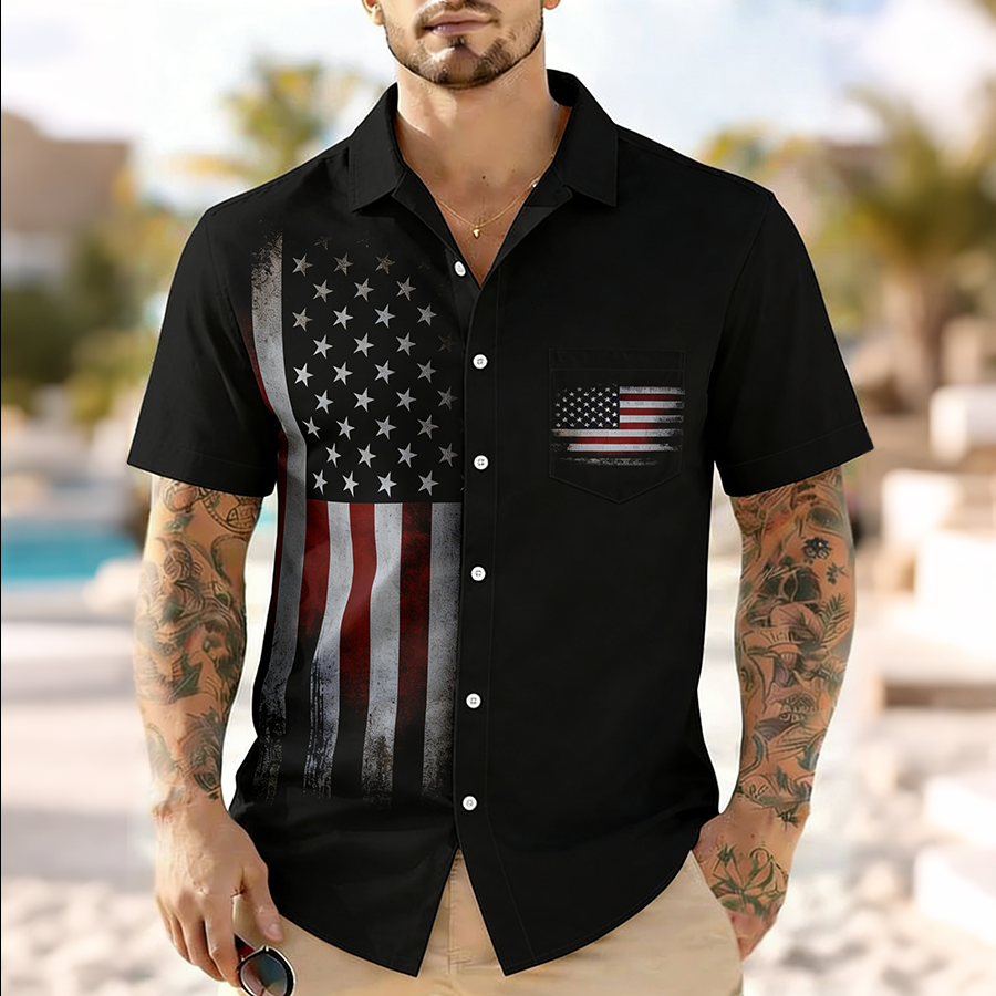 Men'S Casual American Flag Art Printed Shirt