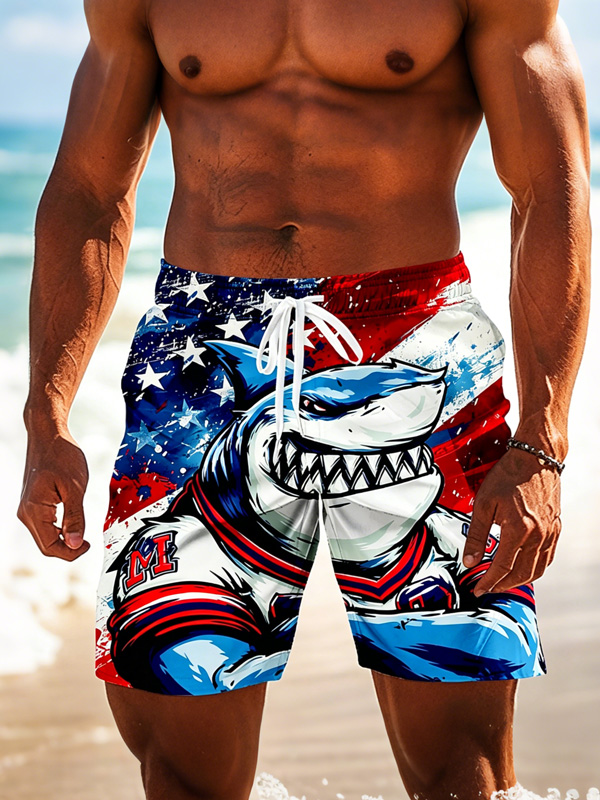 Men's American Flag Shark Art Print Casual Shorts
