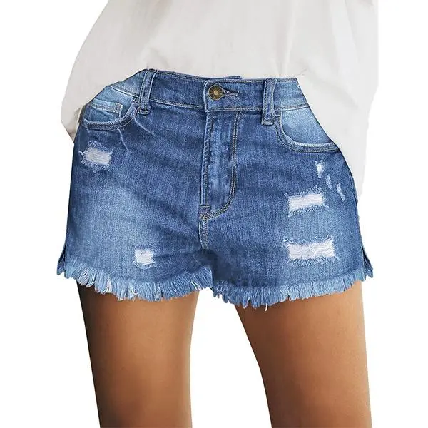 Women's Casual Mid Rise Denim Shorts Stretch Ripped Raw Hem Jean Shorts Basic Fitted Bottom for Summer