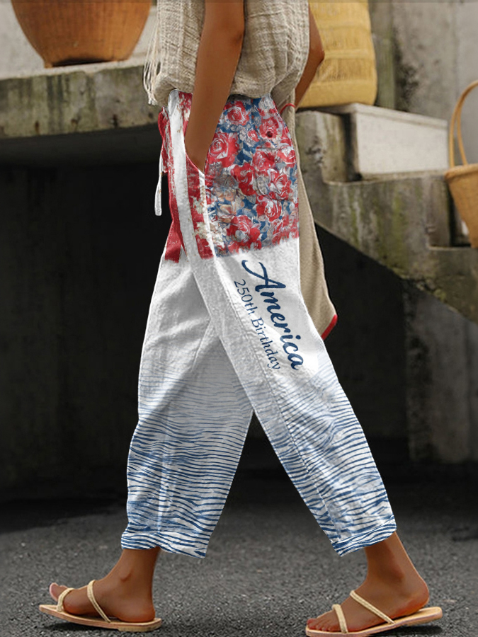 Women'S American Flag Independence Day Celebration Printed Cotton And Hemp Casual Pants
