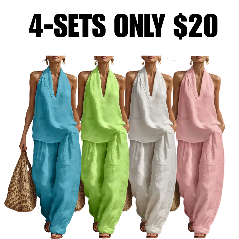 Women's Halter Neck Linen Two Piece Outfit – Casual Sleeveless Top and Wide Leg Pants Set