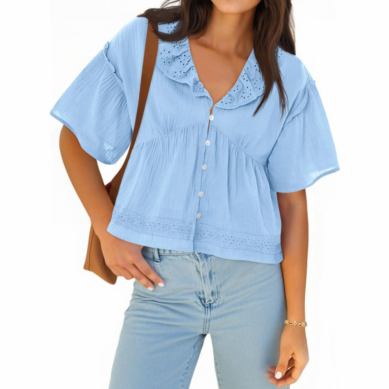 Women's Cropped Babydoll Top – V Neck Eyelet Blouse with Ruffle Sleeves & Button Front