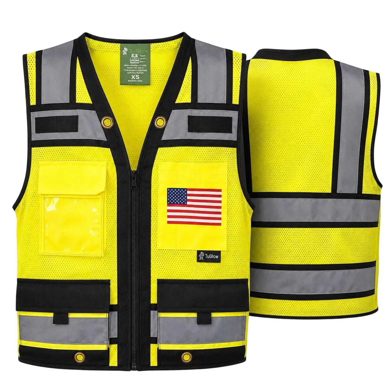 Superintendent Vest with custom USA Flag or other flags, High Visibility Reflective Safety, Mesh Safety Vest with Zipper and Multi pockets AMERICAN SIZE