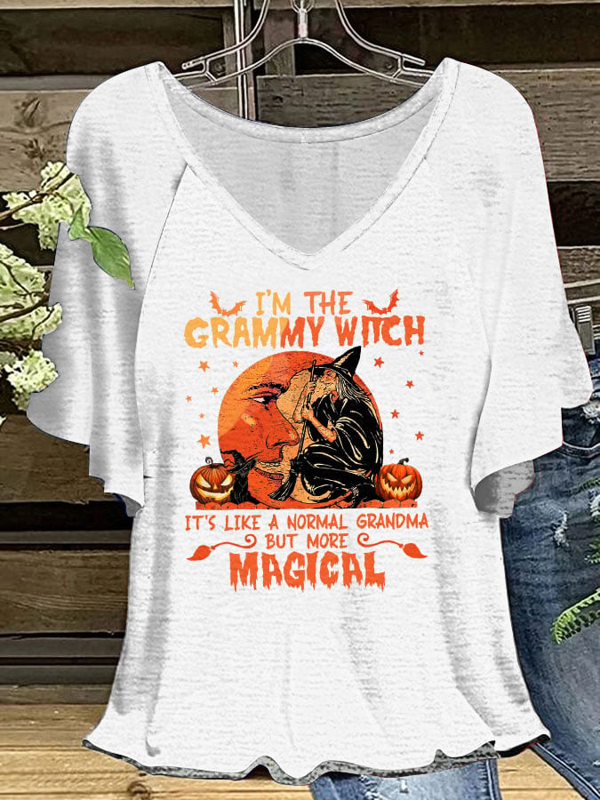 Women's I'm the Grammy Witch Print V-Neck Ruffle Sleeve T-Shirt