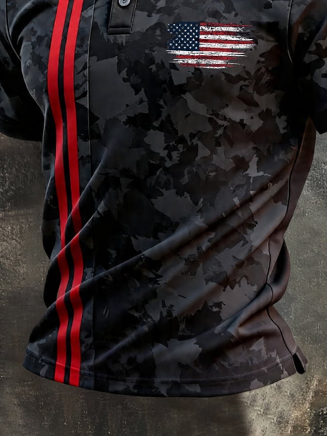 Men's Retro Patriotic Color-Block Short-Sleeve Polo Shirt