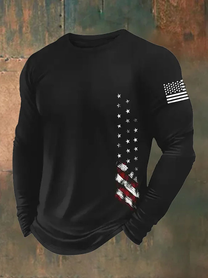 Men'S Retro American Flag Independence Day 250Th Anniversary Commemorative Edition Classic Printed Long Sleeve
