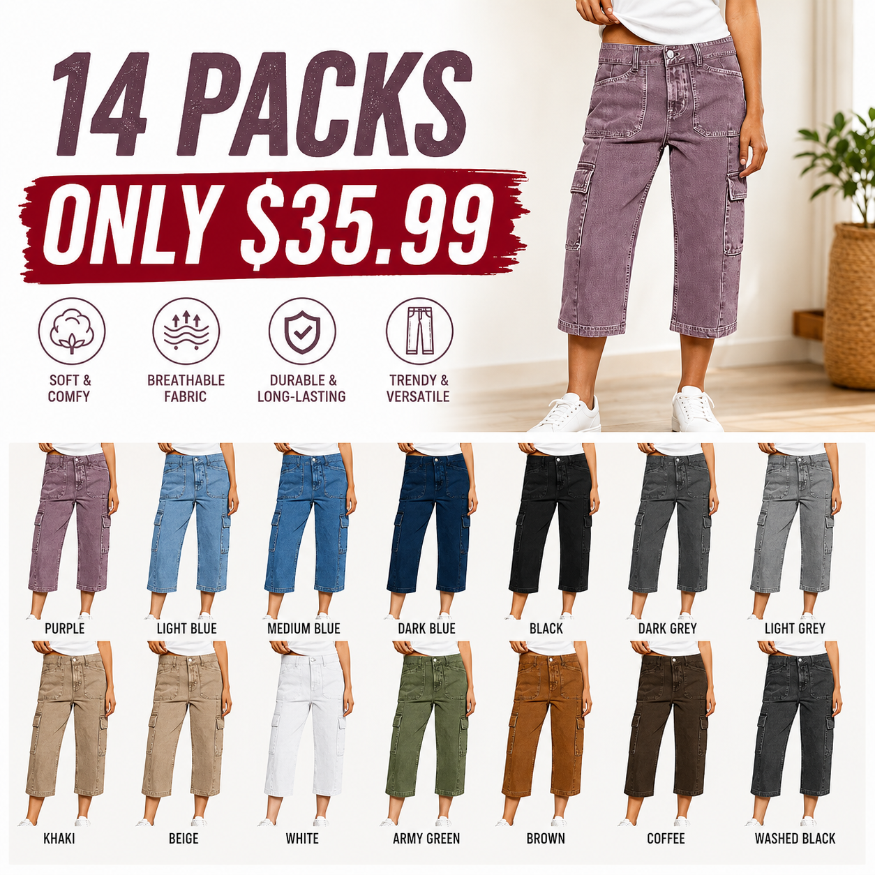 ⚡FINAL SALE⚡- 8-Pack: Straight-Leg 3/4-Length Pants