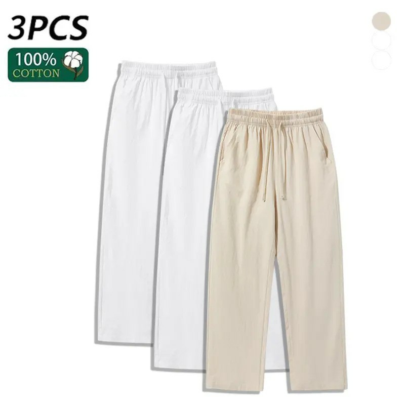 100% Cotton Linen Pants for Men & Women, Summer Casual Elastic Waist Drawstring Wide Leg Breathable Trousers