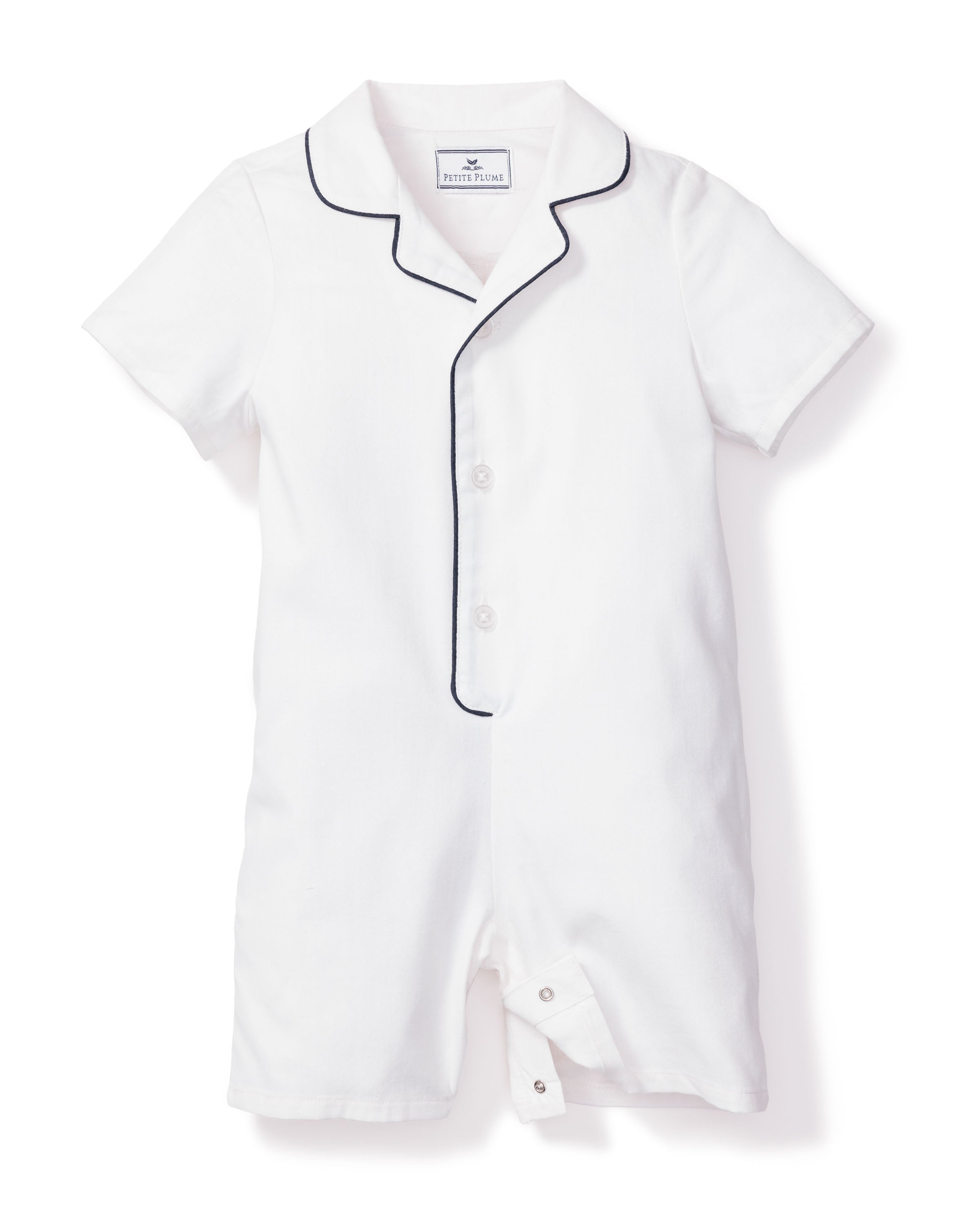 Baby's Twill Summer Romper in White with Navy Piping