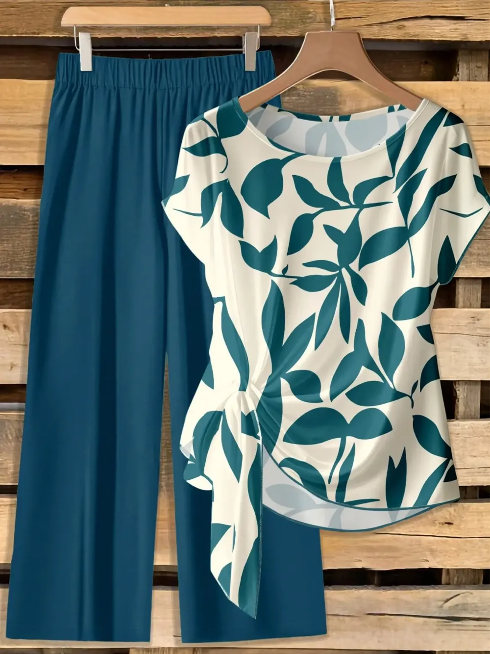 Women's Casual Printed Necktie Shirt and Loose Straight Pants Set