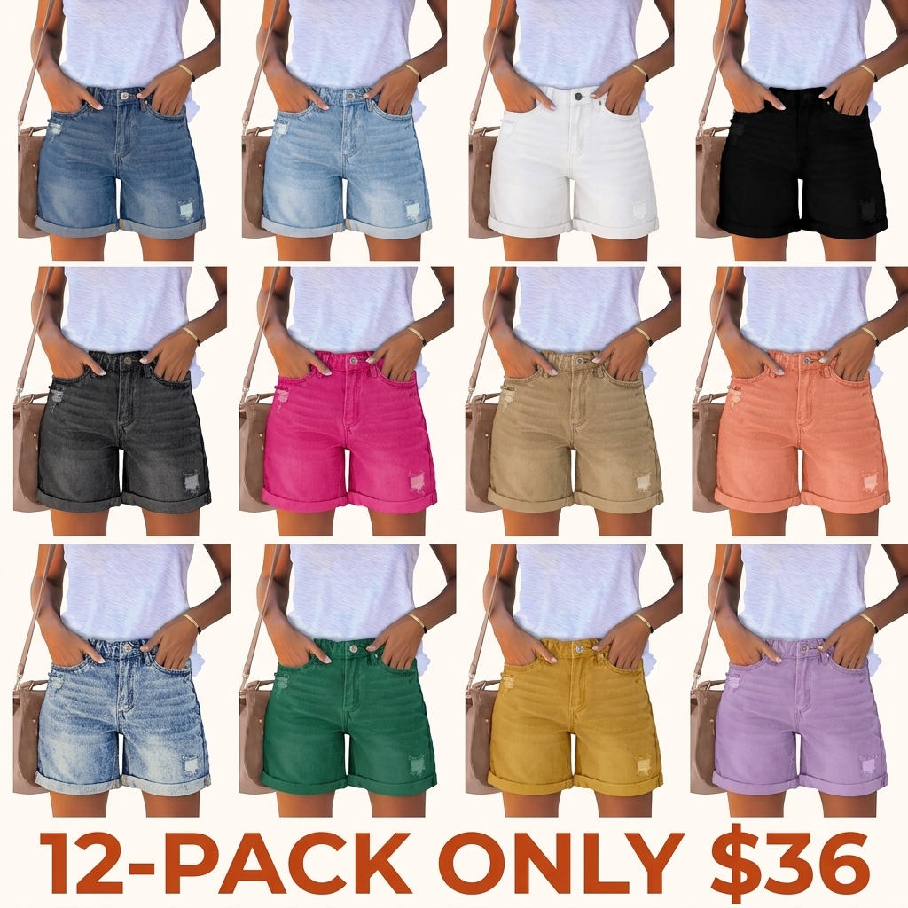 Women's Casual Distressed Denim Shorts – High-Waisted, Vintage-Wash, Cuffed Design