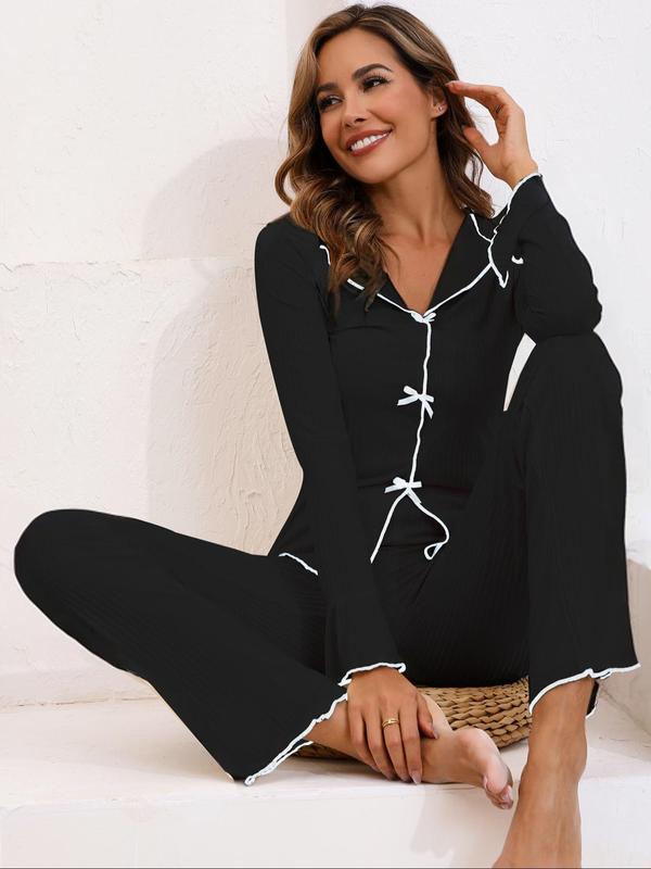 Women's Spring & Fall Ice Silk Pajama Set, Elastic Waist Pants, Casual Home Wear