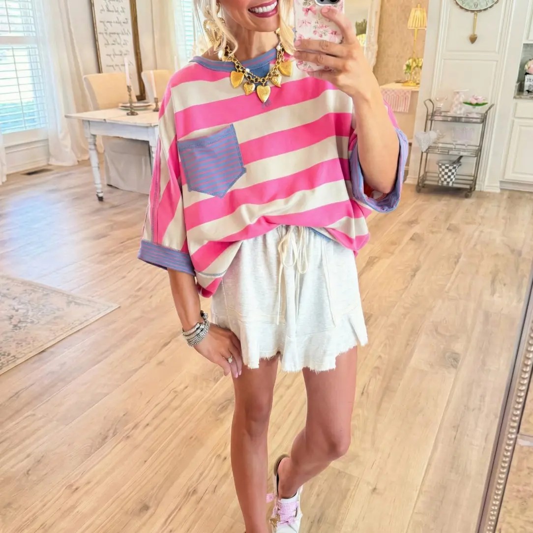 Women's Striped Drop Shoulder Cotton T-Shirt – Loose Fit Half Sleeve Pocket Blouse