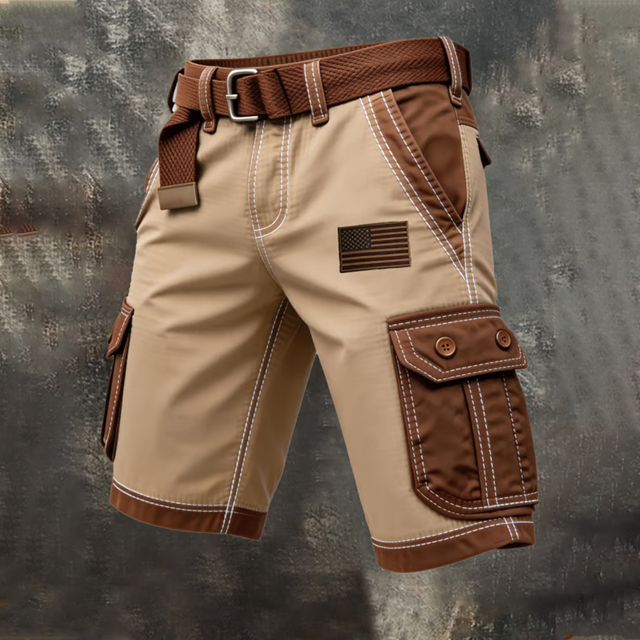 Men'S Retro Color Blocked Vintage Patriotic Style Workwear Shorts With Pockets