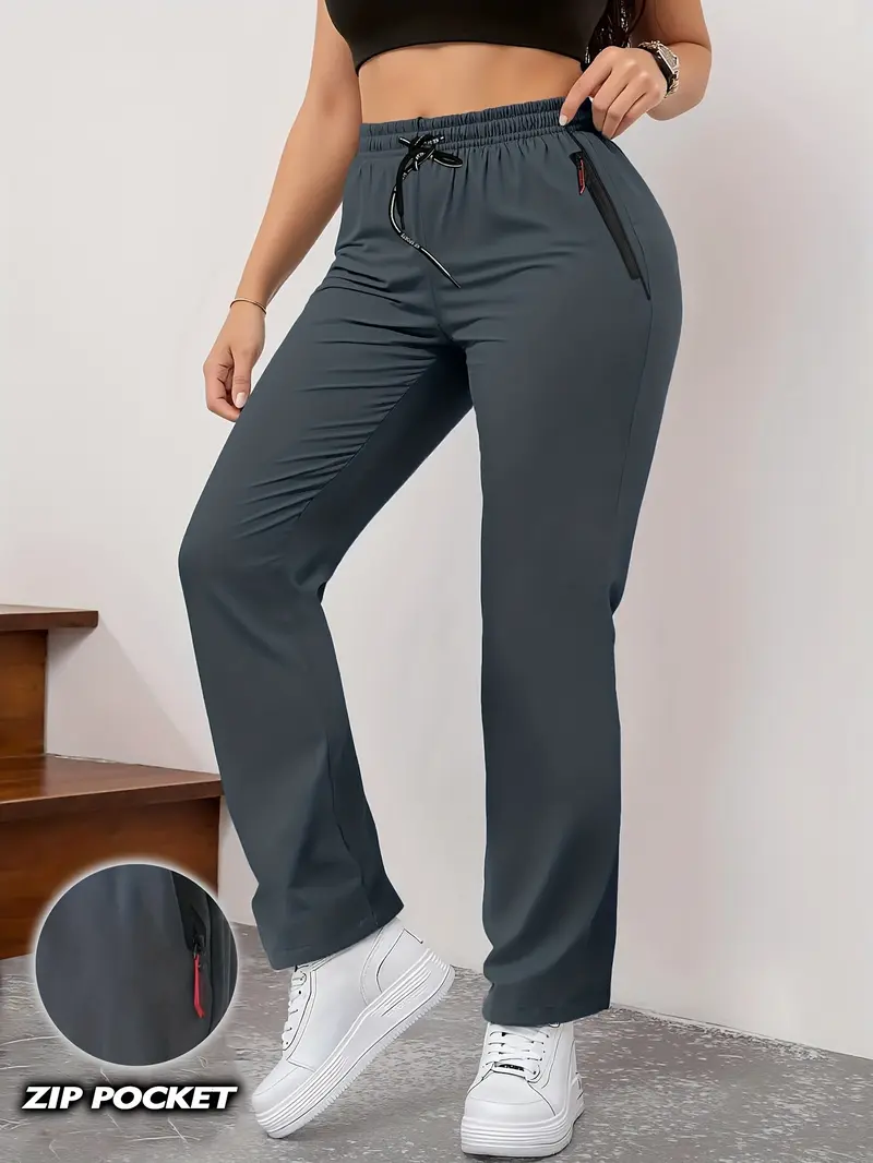 Women's Summer High-Waist Straight-Leg Casual Jogger Pants with Zipper Pockets Fitted Minimalist