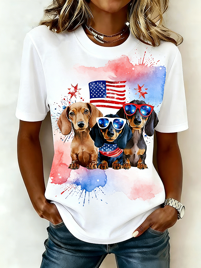 Ladies' Casual American Flag Printed Round Neck Short Sleeved T-Shirt