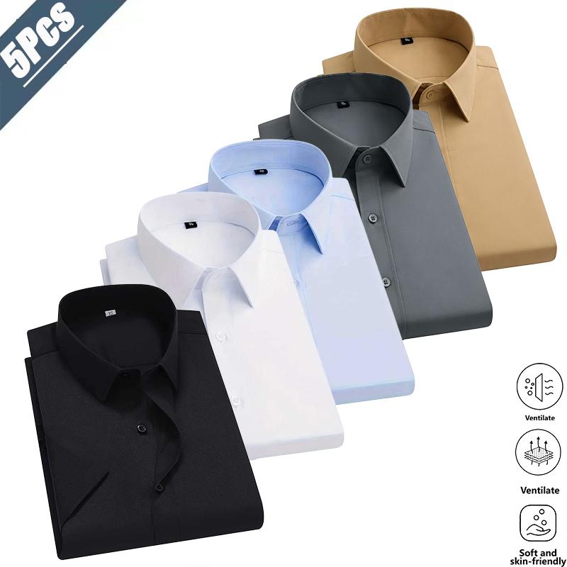 Men's Solid-Color Dress Shirts (5-Pack) — Crafted from skin-friendly, breathable, and wrinkle-resistant, non-iron fabric