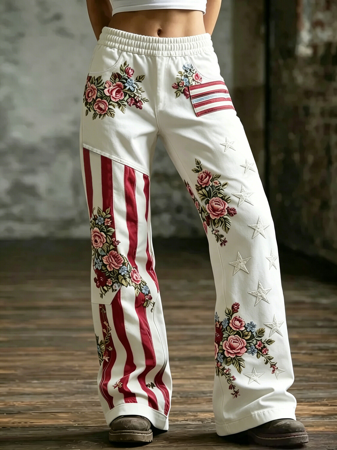 Women's Stars and Stripes Floral Graphic Print Casual Pants