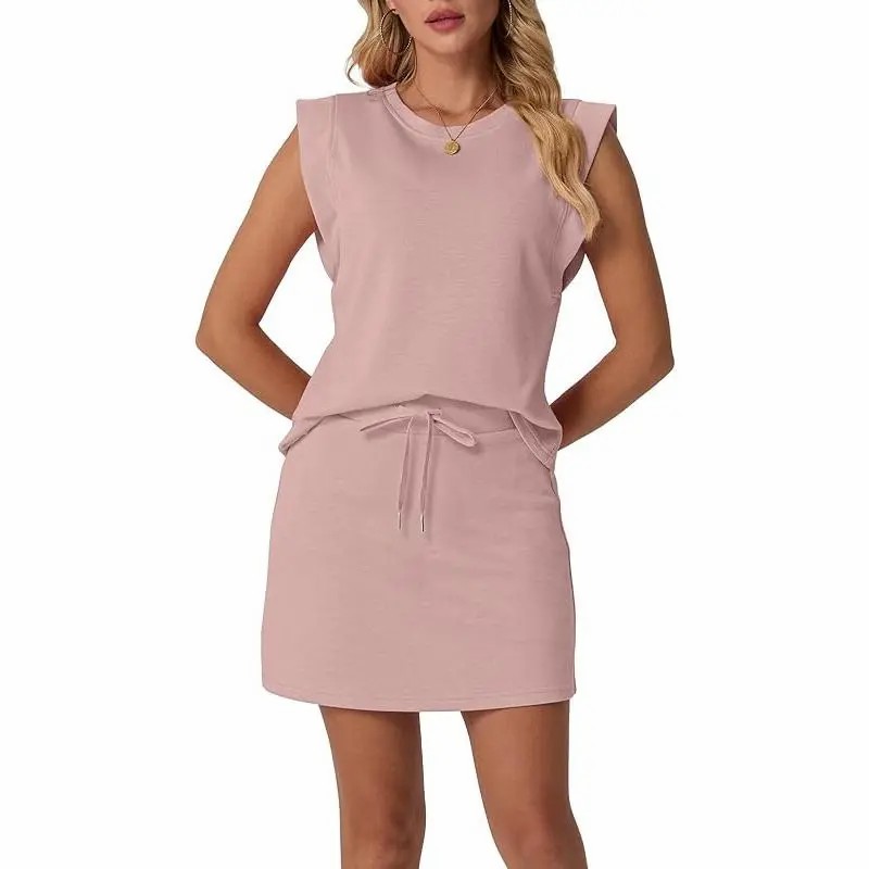 Women's Summer 2 Piece Skort Set Cap Sleeve Round Neck Top & Tennis Skirt with Pockets for Athletic & Casual