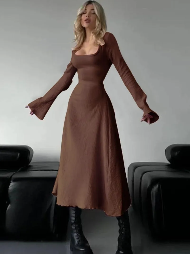 Women's Plain Lace Up Tie Back Flounce Sleeve Dress