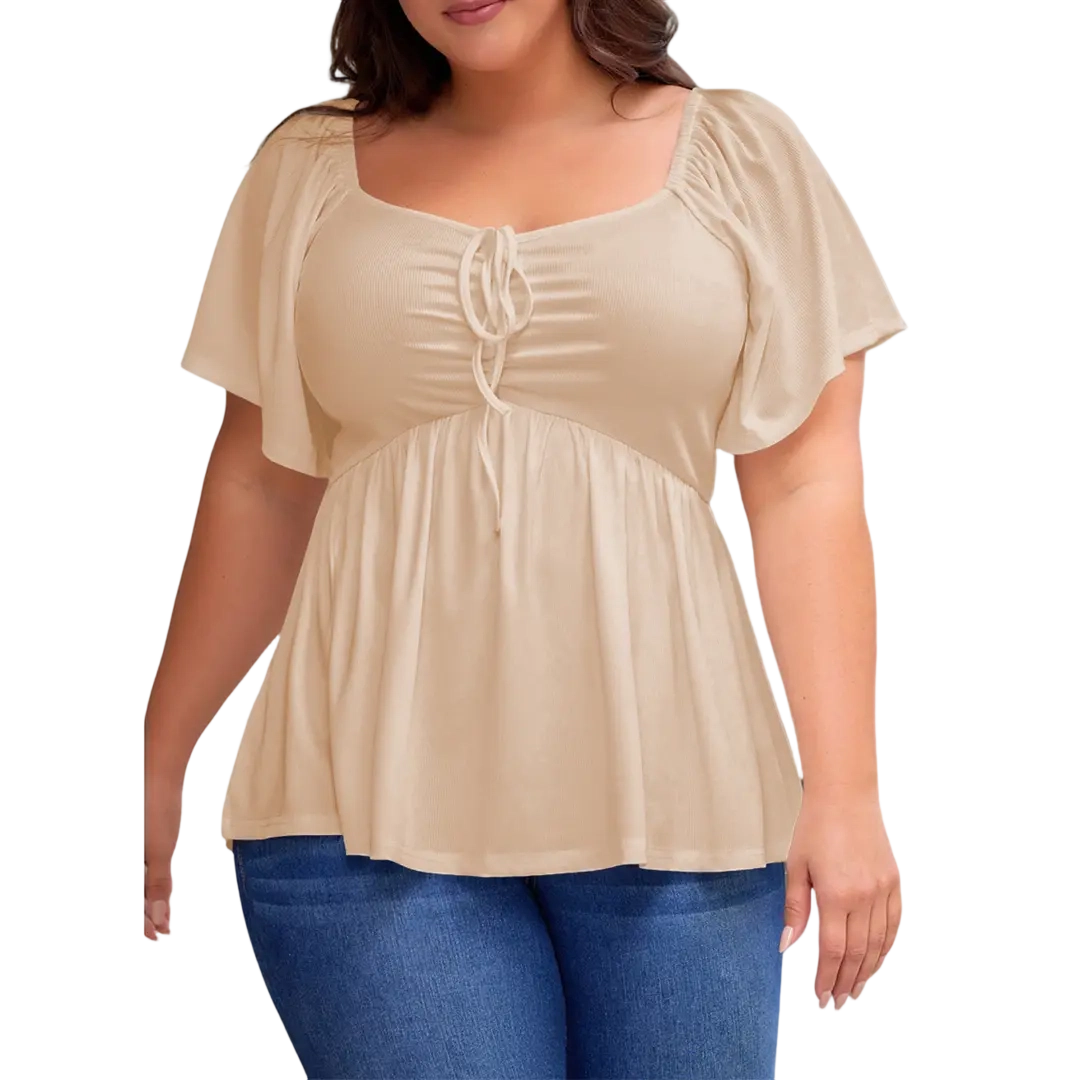 Women Plus Size Sweetheart Neck Short Sleeve Shirred Peplum Rib Blouse Tops Shirts