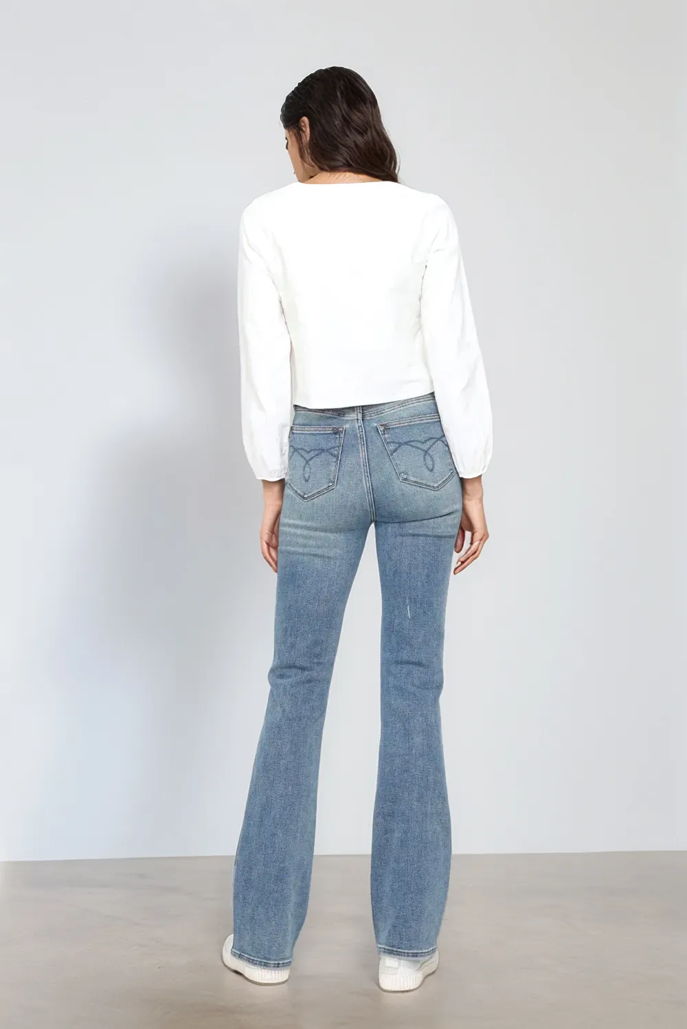 Blue Full Size Tummy Control Back Embroidered Pocketed Bootcut Jeans Plus Size