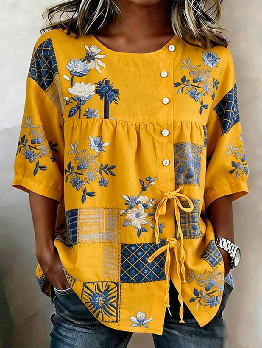 Women'S Faith Flower Art Printed Cotton Linen Casual Shirt