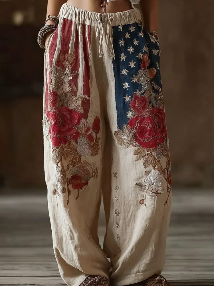 Women's Retro Stars and Stripes Flowers Print Casual Pants