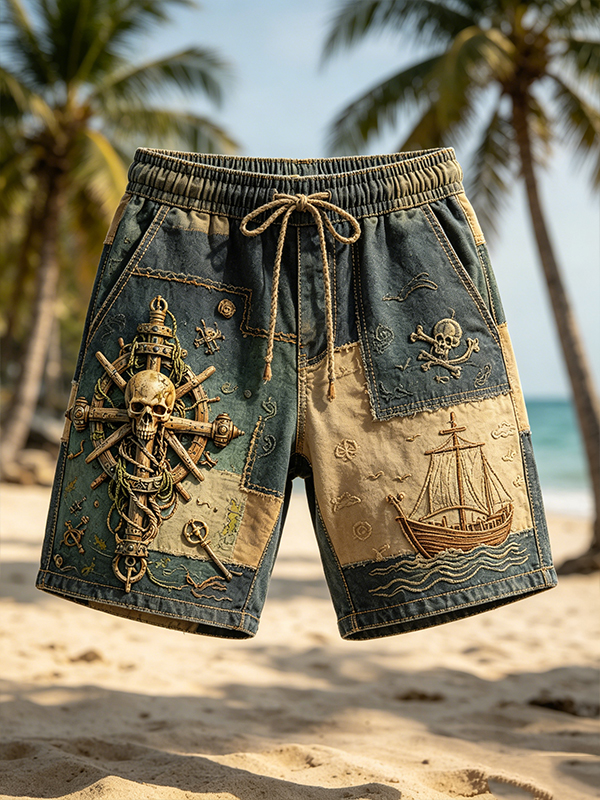 Men's Pirate Skull Anchor Patchwork Nautical Ship Pattern Print Casual Shorts