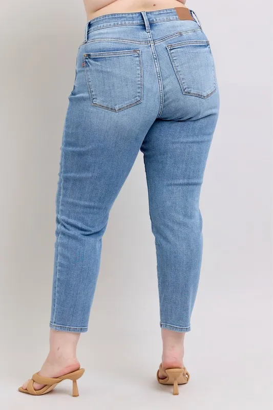 Blue Full Size Mid Rise Vintage Wash Slim Jeans with Cell Phone Pocket Plus Size