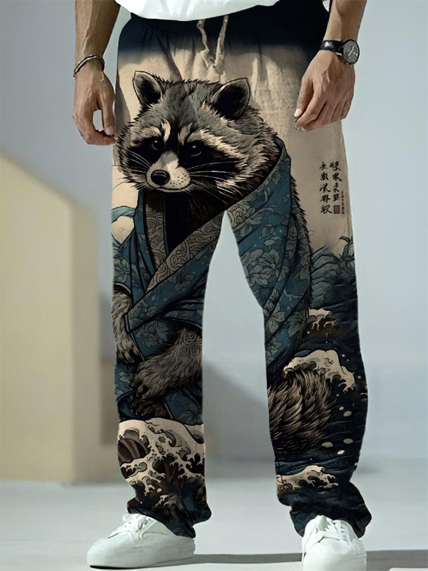 Men's Raccoon Rough Sea Waves Japanese Art Printed Casual Pants