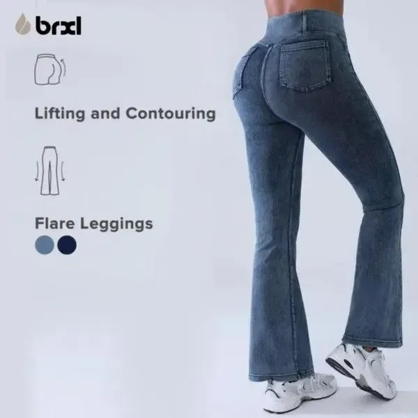 High Waisted Bootcut Flare Denim Jeans for Women - Crossover Waist & Illusion Pocket Design