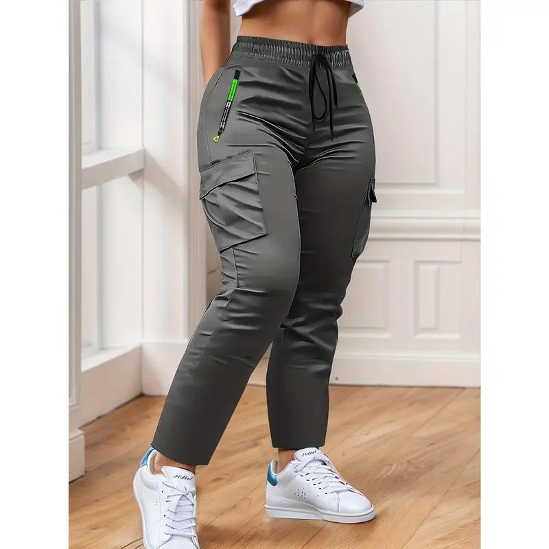 Women's Heavy-Duty Cargo Pants with Multi-Zipper Pockets & Neon Green Accents
