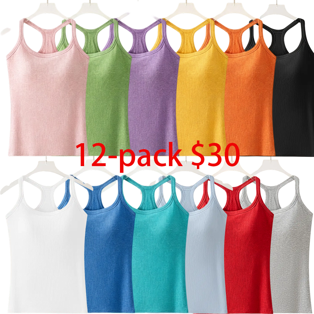Women's 8-Pack Ribbed Built-in Bra Tank Top – Racerback Cropped Camisole with Removable Pads Wireless Supportive Yoga Top