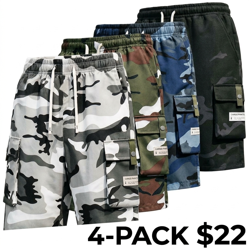 Men's 4-Piece Camo Cargo Capri Pants – Multi-Pocket, Drawstring Waist, Casual Streetwear