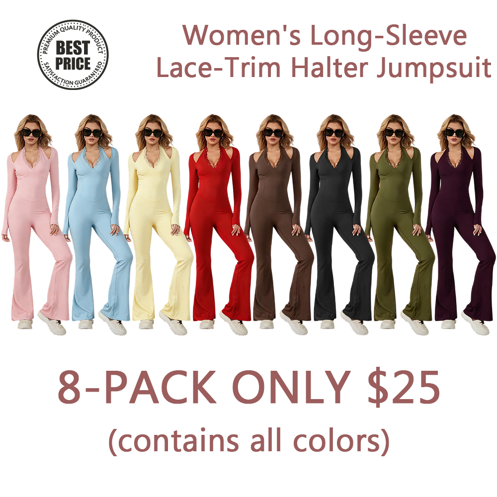Women's Long-Sleeve Lace-Trim Halter Jumpsuit
