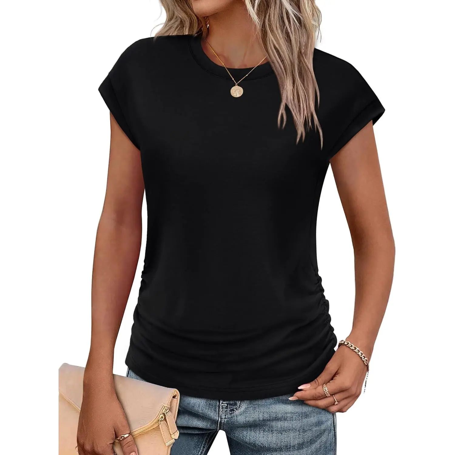 Womens Summer Tops Trendy 2026 Ruched Cap Short Sleeve Tshirts Shirts Crew Neck T Shirts Fashion