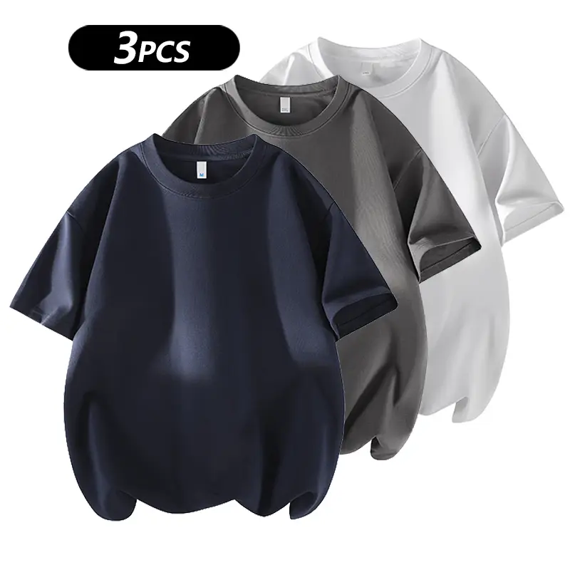 Men's 3PCS 100% cotton Crew Neck T-Shirts Set - Soft Loose Fit Navy Gray Black Tees for Casual Daily Wear