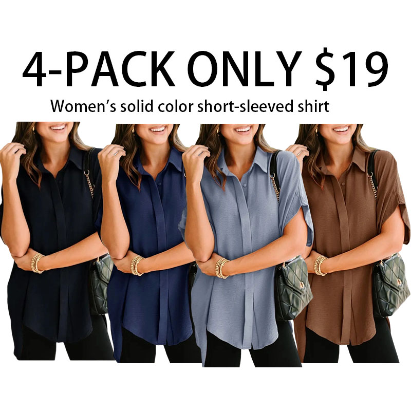 Women's Tops Dressy Casual V Neck Button Down Shirts Solid Short Sleeve Blouses Oversized Fit