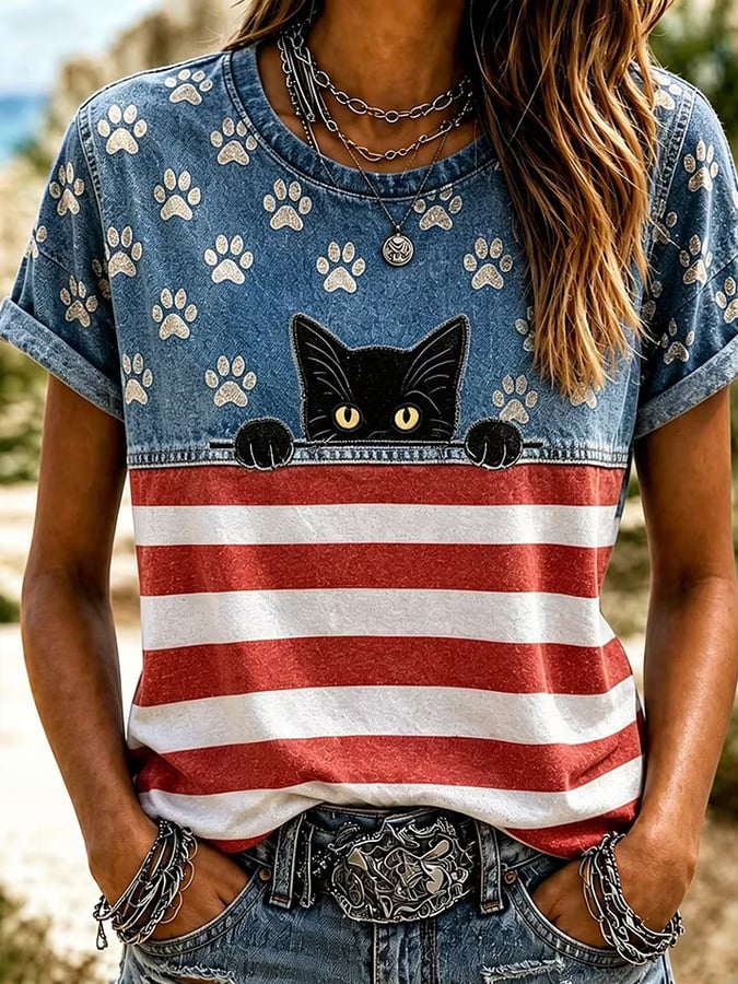 Women's Cute Black Cat With Independence Day Anniversary Pattern T-shirt