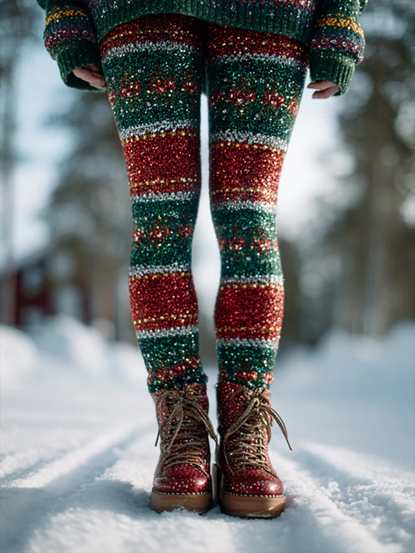 Women's Shiny Christmas Stripes Art Print Leggings