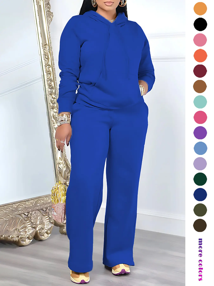 🔥Two-Piece Set Women's Solid Drawstring Hoodie & High Waist Pants Set, Casual Long Sleeve Pocket Hooded Sweatshirt & Straight Leg Trousers for Spring & Fall, Ladies' Clothes for Daily Wear