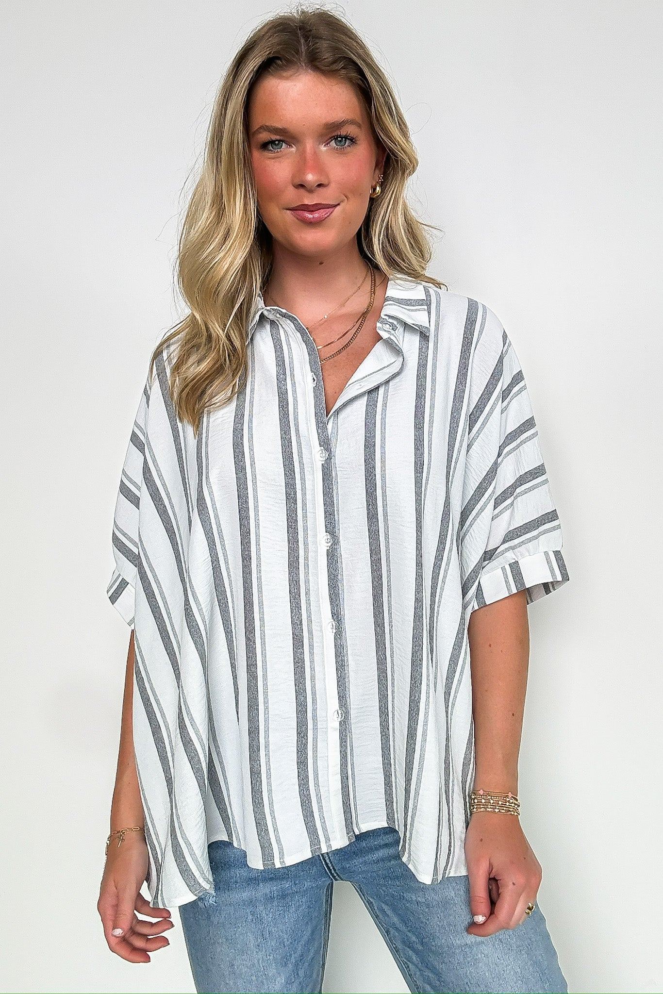 Mother's Day Sale💕Oversized Striped Button Down Top