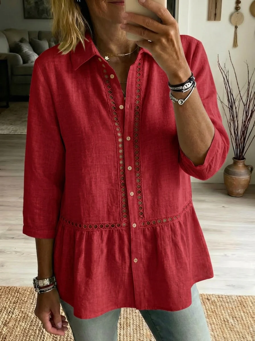 Women’s Casual Patchwork Openwork Webbing Linen And Cotton Shirt