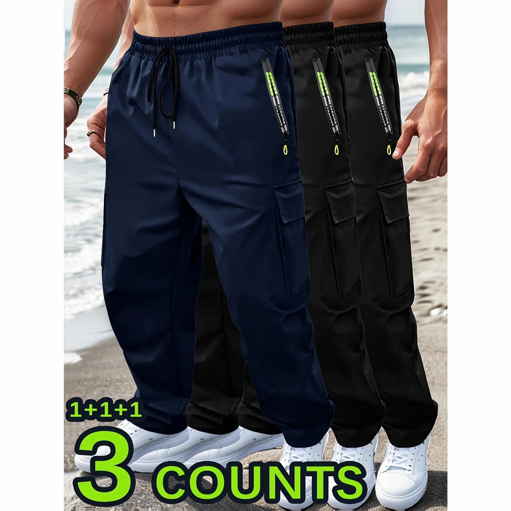 Men's Big & Tall Loose Cargo Pants – Elastic Drawstring Waist, Multi-Pocket, Breathable Streetwear Trousers