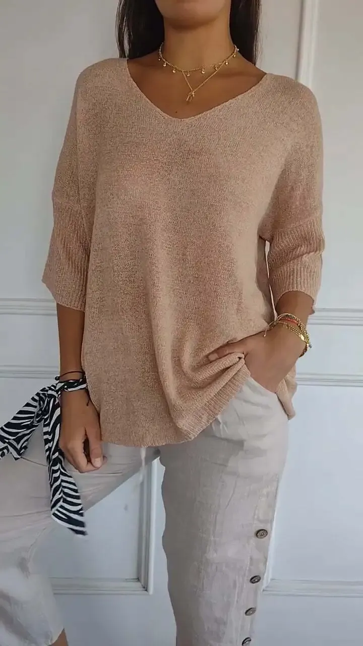 Solid Color Knitted V-neck Top(The first 50 customers will receive a $15 reward upon delivery)