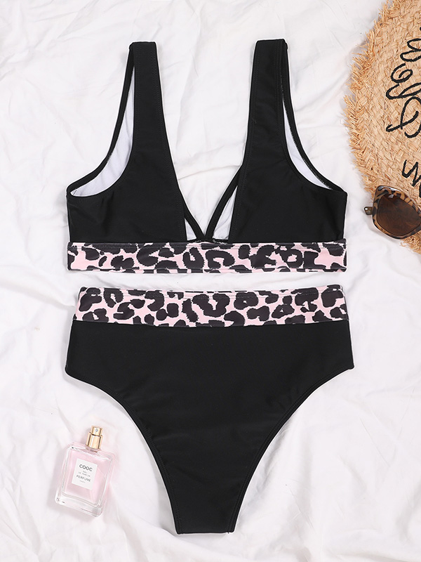 Deep V-Neck Color-Block Leopard Bralette High-Waisted Bikini Swimwear