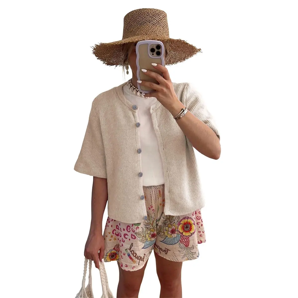 Women's Short-Sleeve Cardigan Sweater — Crew Neck, Soft Rib-Knit, Button-Front Top